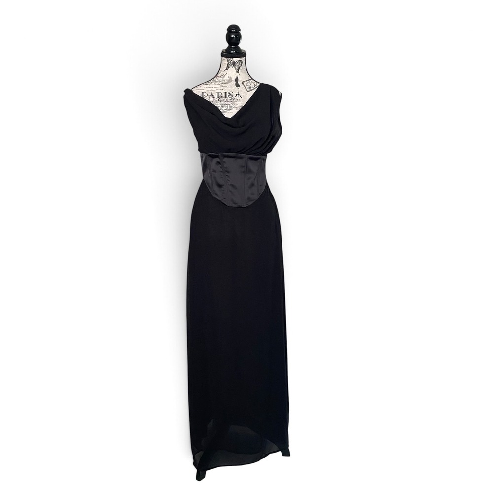 MESHKI Maxi Dress Womens M Black Corset Cowl Neck Sheer Overlay Hoco Wedding